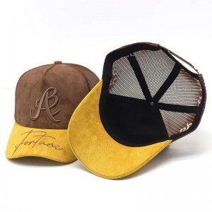 Fabriks brugerdefineret ruskind trucker hat broderi logo brim fair mesh trucker hatte