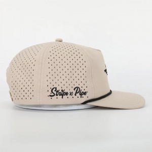 Engros brugerdefineret broderi logo 5 panel far hat høj kvalitet polyester golf gorras, laserskåret hul sport reb sort baseball cap