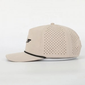 Engros brugerdefineret broderi logo 5 panel far hat høj kvalitet polyester golf gorras, laserskåret hul sport reb sort baseball cap