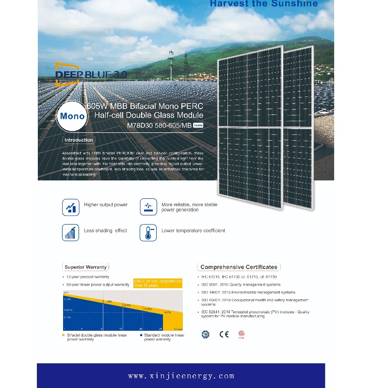 Fotovoltaisk dobbelt side 605 W M B B High Efficiency Module Panels System Online Sales