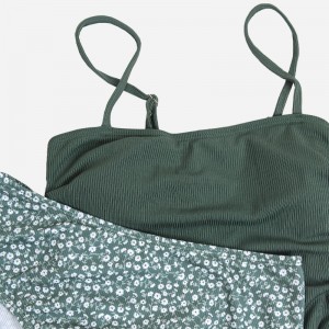 Rib Ruched DrawString Top&Ditsy Floral High Waist Tankini Set