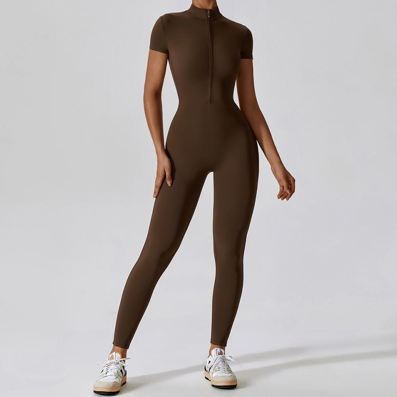 SC1075 One Piece Workout Yoga Jumpsuits Solid kortærmet halv lynlås Gym Romper Bodysuit