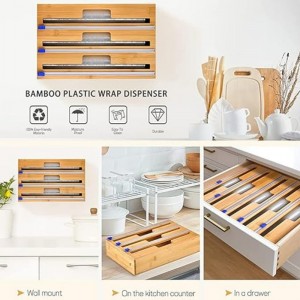 3 I 1 Wrap Dispenser med skærer, plastfolie, aluminiumsfolie og vokspapir dispenser til køkkenskuffe, bambusrullearrangørholder, kompatibel med 12 \\\\ \\\