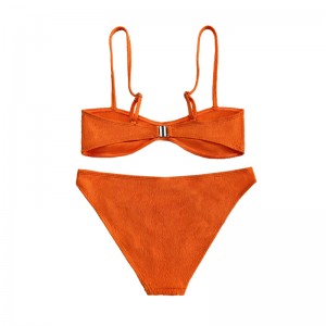 Orange Ruffled Fabric Pull-Out Halter Back Buckle Split Swimsuit