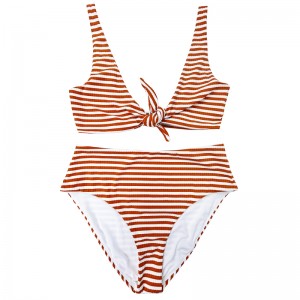 Orange orange hvid strip bred skulder bue behagelig høj talje todelt badedragt