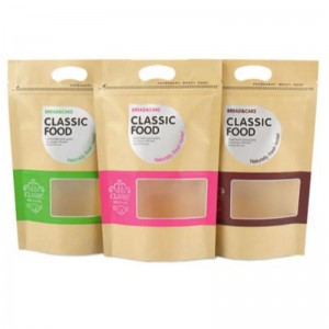 Miljøvenlig genlukbar lamineret brun Kraft Paper Packing Food Bag Zip Lock Stand Up Pouch Kraft Bag With Window