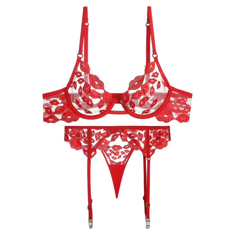 Sexet lingeri - ultra-Tynd, med rød læbebroderi og blonder. Det\S et bh -sæt til store bryster, der får dem til at se mindre ud og forhindrer sagging W7229 -pris:$219.99