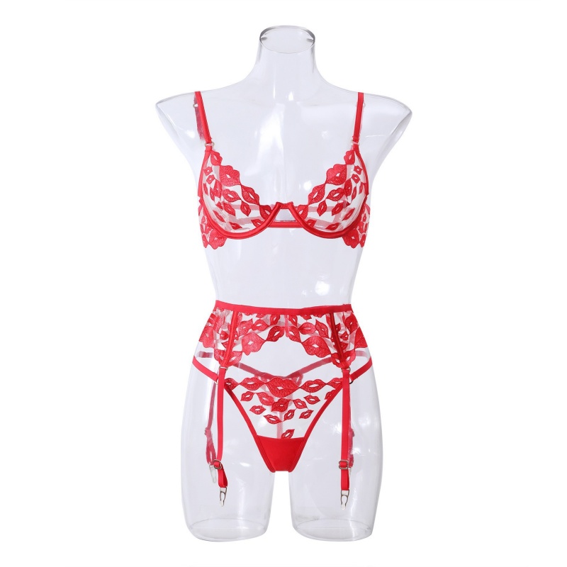 Sexet lingeri - ultra-Tynd, med rød læbebroderi og blonder. Det\S et bh -sæt til store bryster, der får dem til at se mindre ud og forhindrer sagging W7229 -pris:$219.99