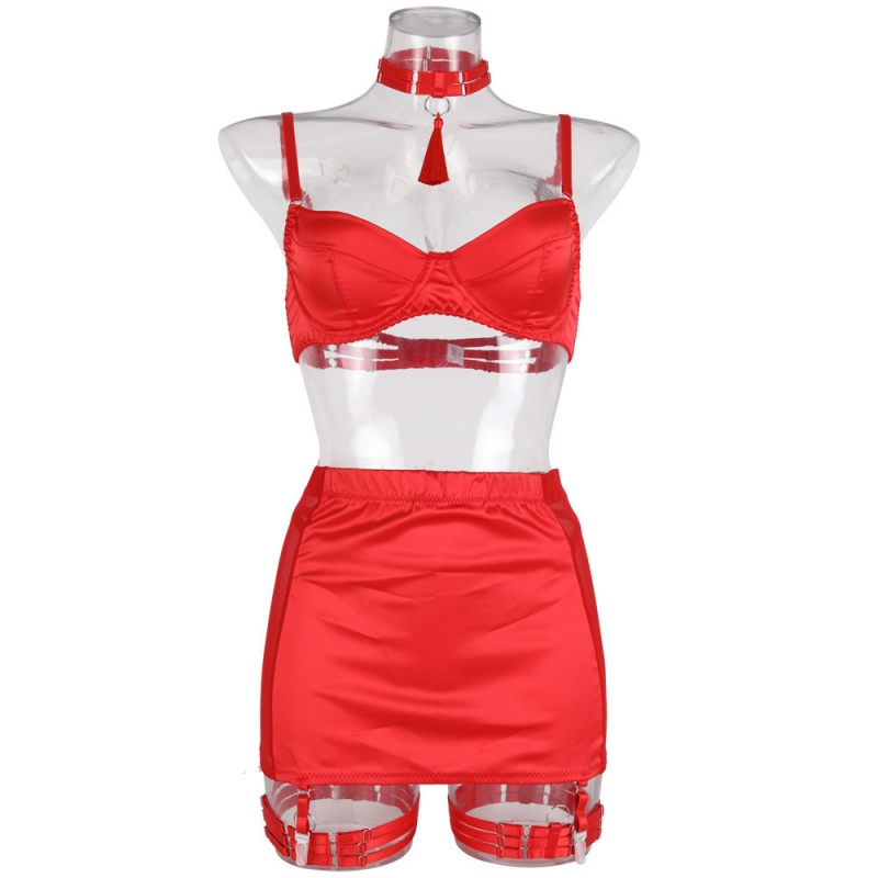 Sexet satin-syet mesh ren blyantnederdel kvast kvinder\'s mode lingeri fem-stykke sæt.my96618 Pris:$119.99