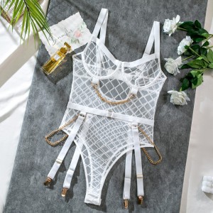 Lingeri for Amazon Cross - Border: Sheer Mesh, Sexy Backless, High - Vaistet bodysuit, erotisk lingeri med metalkæder. MY96606 Pris:$109.99