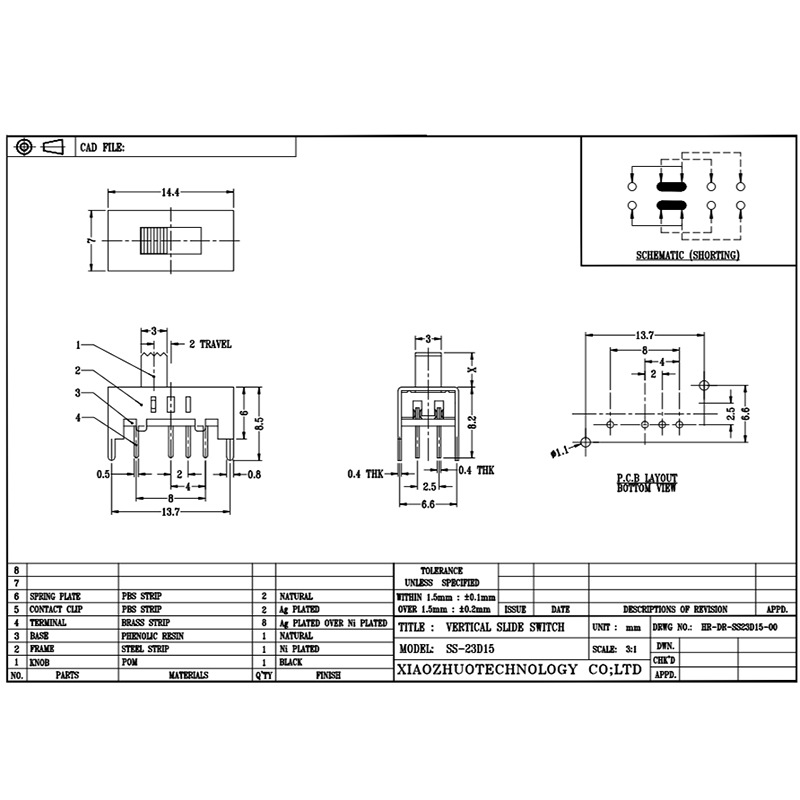 Slide switch SS23D15 lommelygte mini legetøj glidende båndskontakt