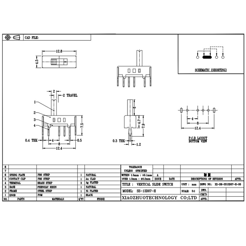 Slide switch SS13D07 enkelt-Række fire-Pin Micro Toggle Switch, lodret skiftafbryder til elektriske apparater, 3, 4, 5 og 6 positioner glidende switch
