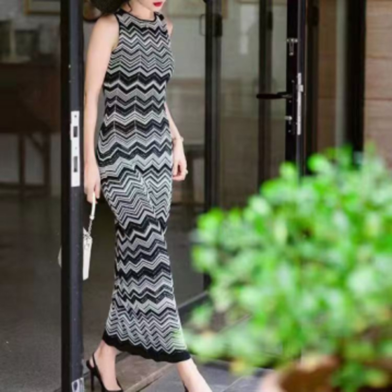 Sommerstrik rund hals langærmet Intercolor Cardigan, V-Hals ærmeløs lang stribet stribet kjole sæt