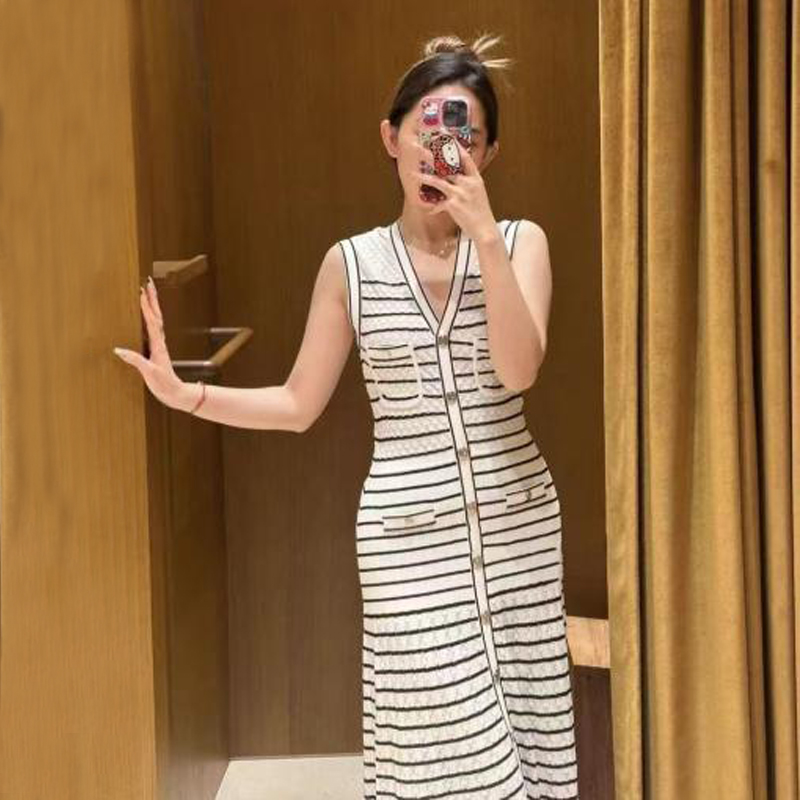 V-Hals ærmeløs lang stribet stribet kjole sæt