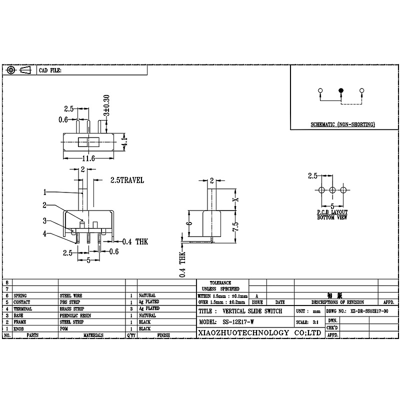 Slideafbryder SS12E17 Electric Heater Slide Switch Bend Foot 2-position 3-PIN -skiftekontakt