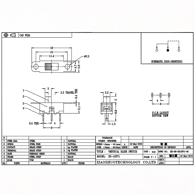 Slide switch SS12F71 Toy Audio Single-Række tre-Pin glidende switch LED lys mikro lodret glidekontakt